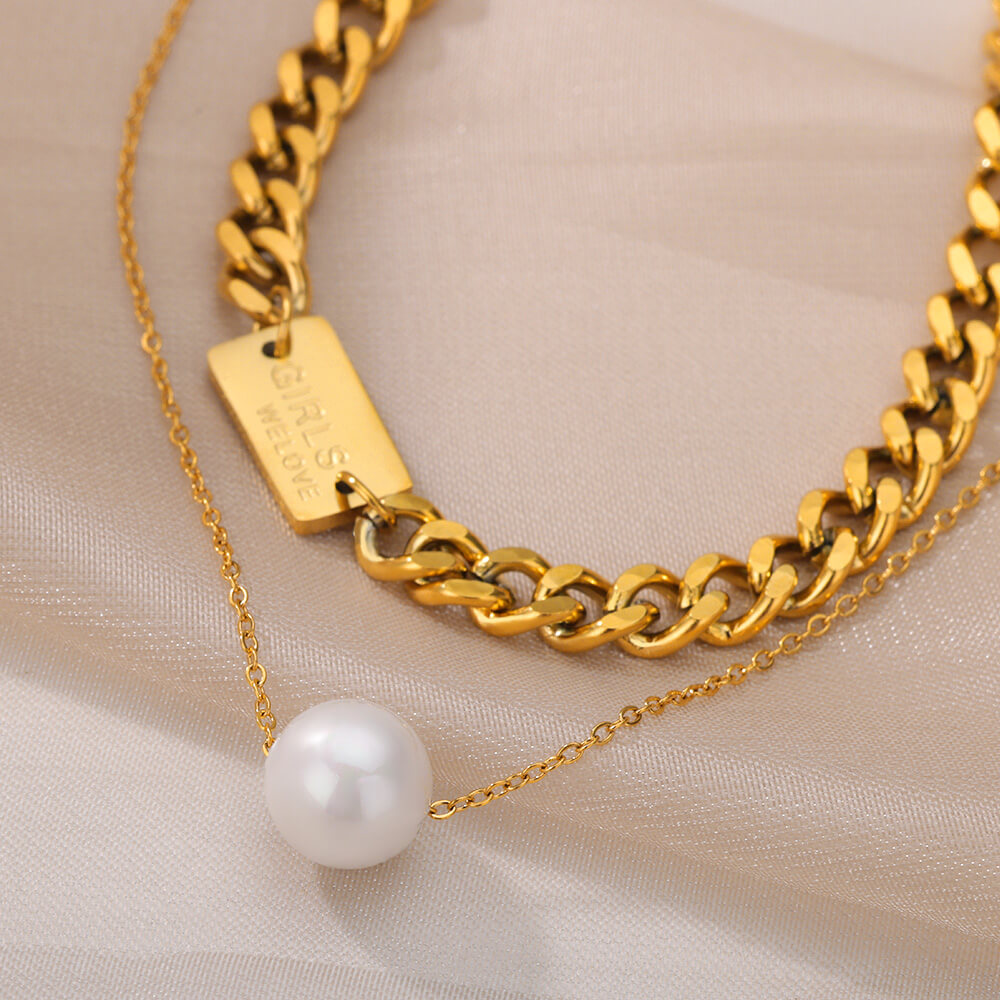 Multilayer Imitation Pearls Necklace for Women Gold Color Stainless Steel Cuban Chains Necklaces  Wedding Jewerly collares