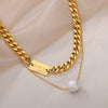 Multilayer Imitation Pearls Necklace for Women Gold Color Stainless Steel Cuban Chains Necklaces  Wedding Jewerly collares