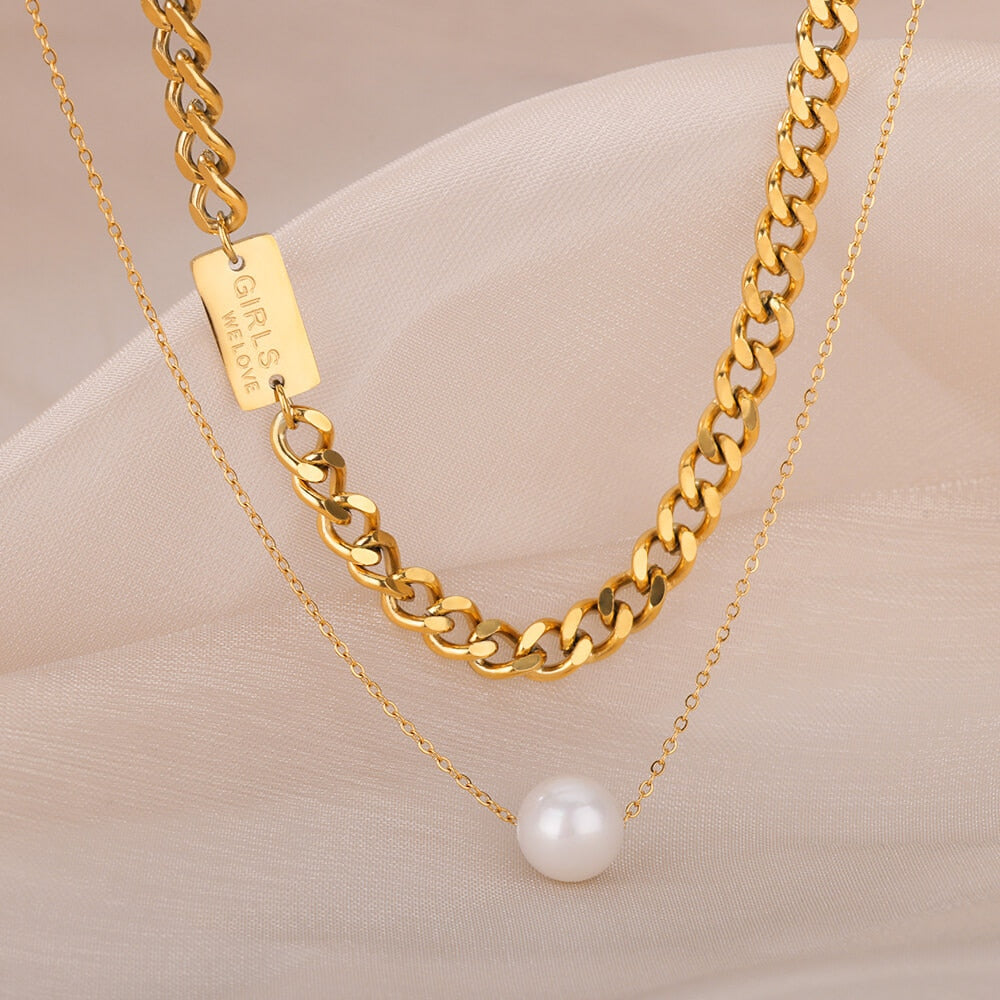 Multilayer Imitation Pearls Necklace for Women Gold Color Stainless Steel Cuban Chains Necklaces  Wedding Jewerly collares