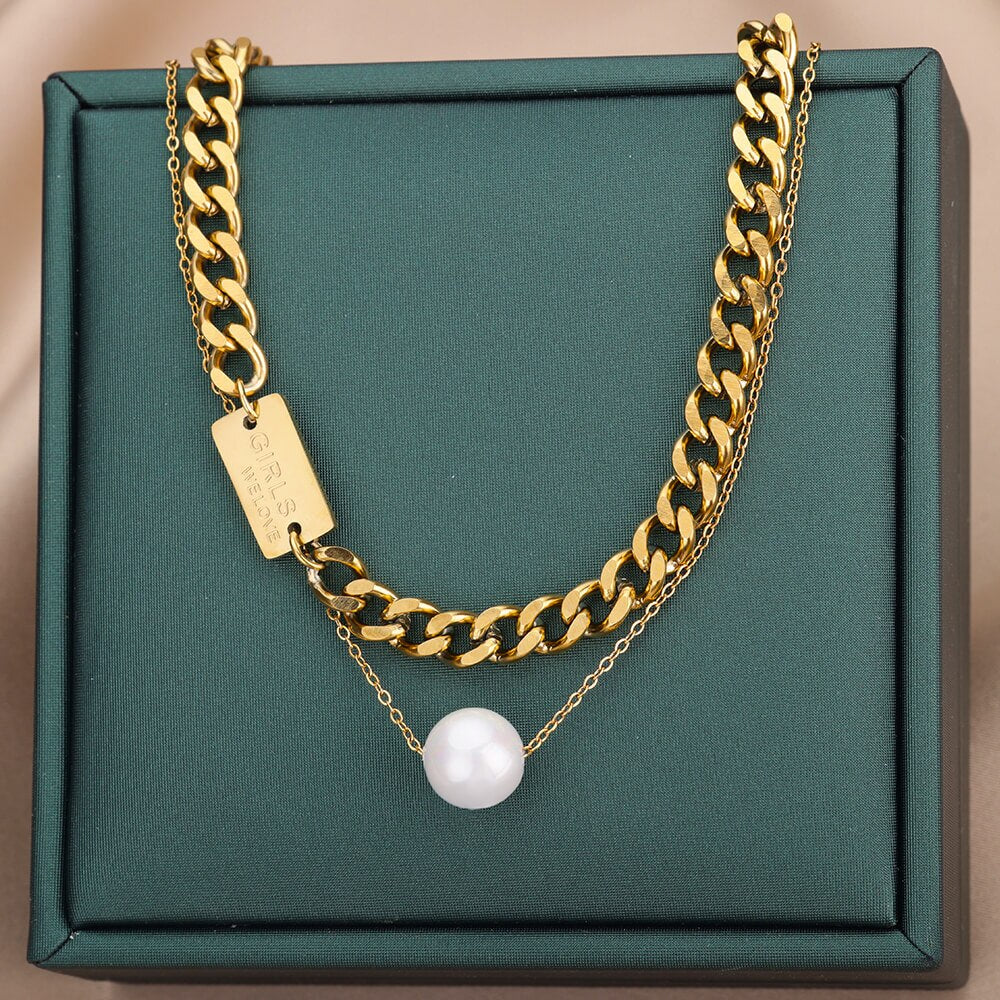 Multilayer Imitation Pearls Necklace for Women Gold Color Stainless Steel Cuban Chains Necklaces  Wedding Jewerly collares