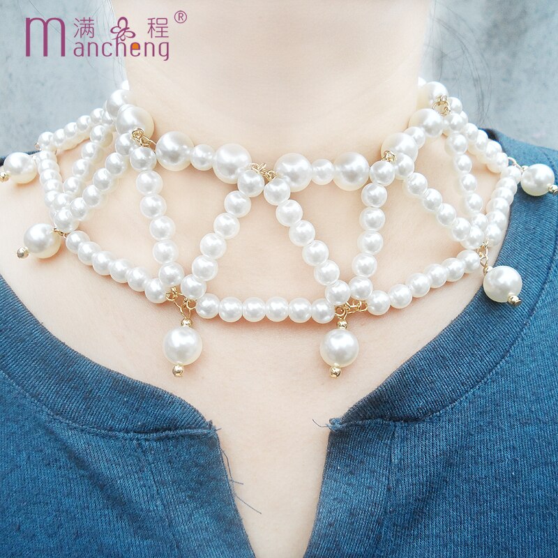Multilayer Layered White pearl necklace Choker women girl golden short Crude Hyperbole pearl beads chokers necklaces
