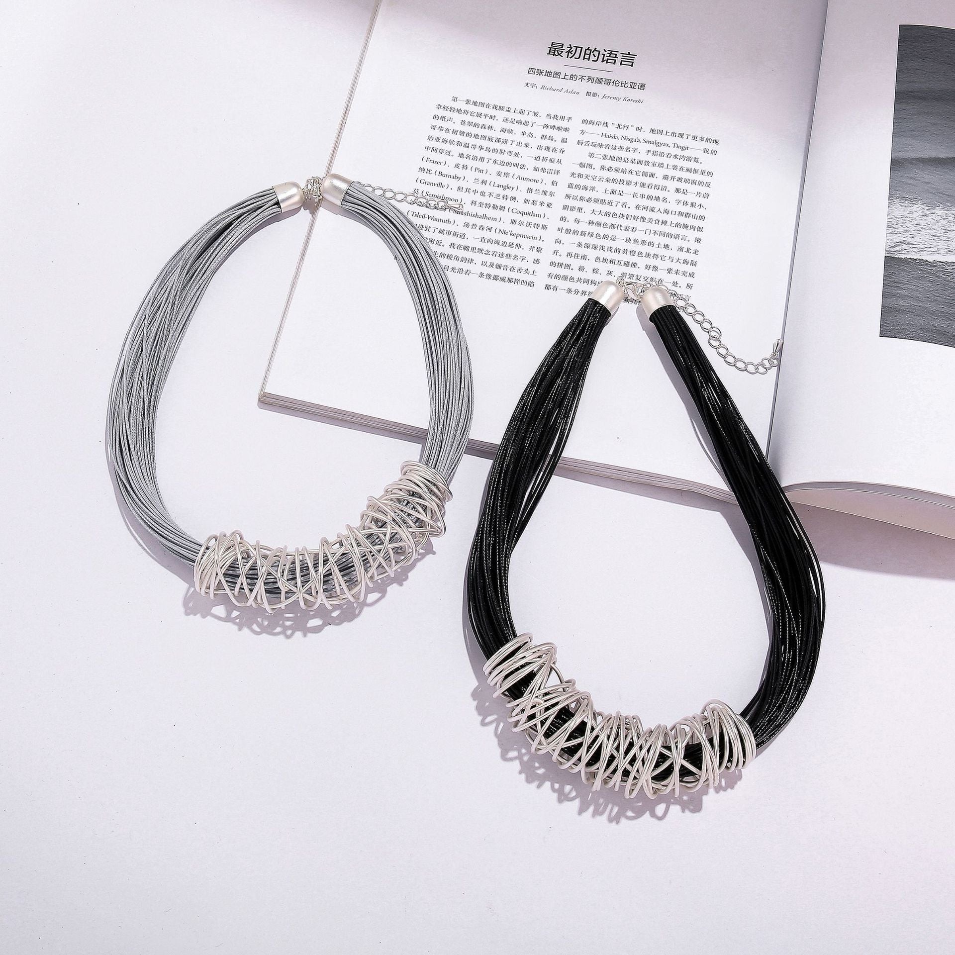 Multilayer Leather Rope Chokers Necklace Elegant Hollow Out Iron Wire Circle Necklace for Women