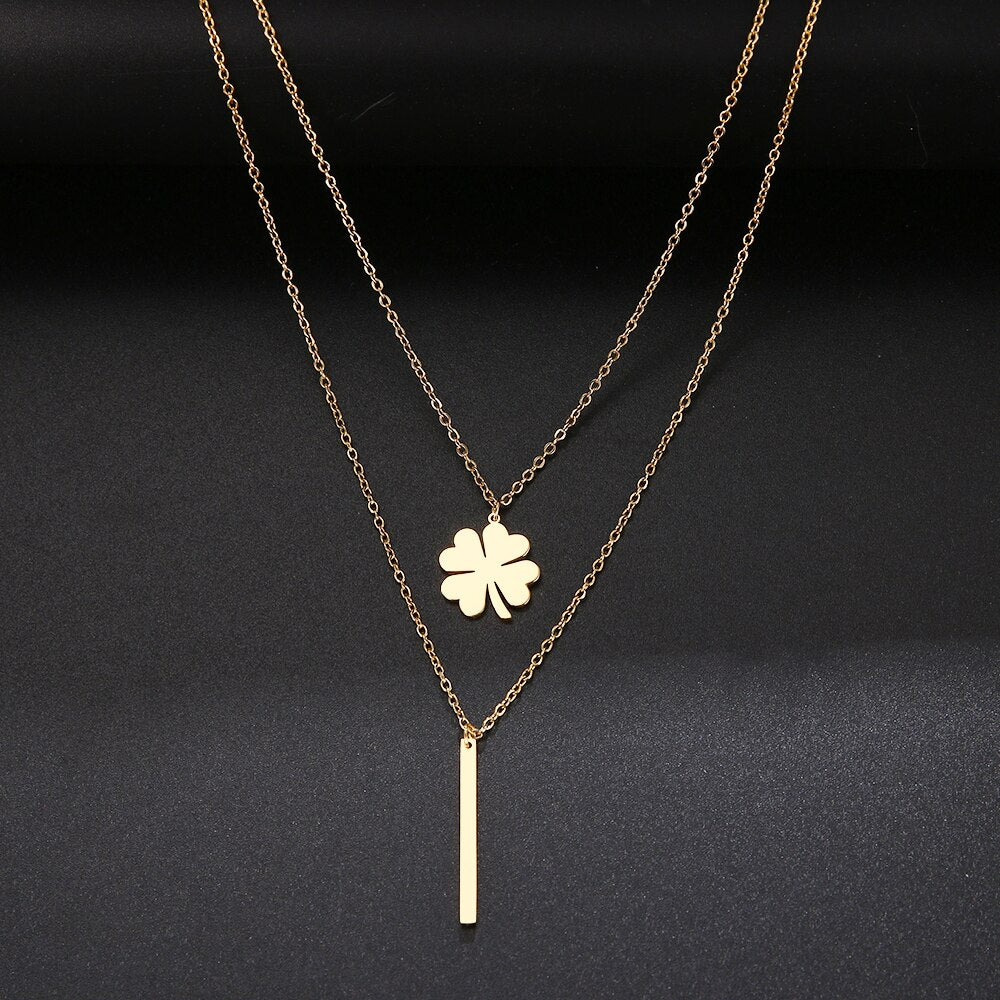 Multilayer Necklaces & Pendants Clover For Women Gold Color Long Chain Female Pendant Necklace Stainless Steel Jewelry