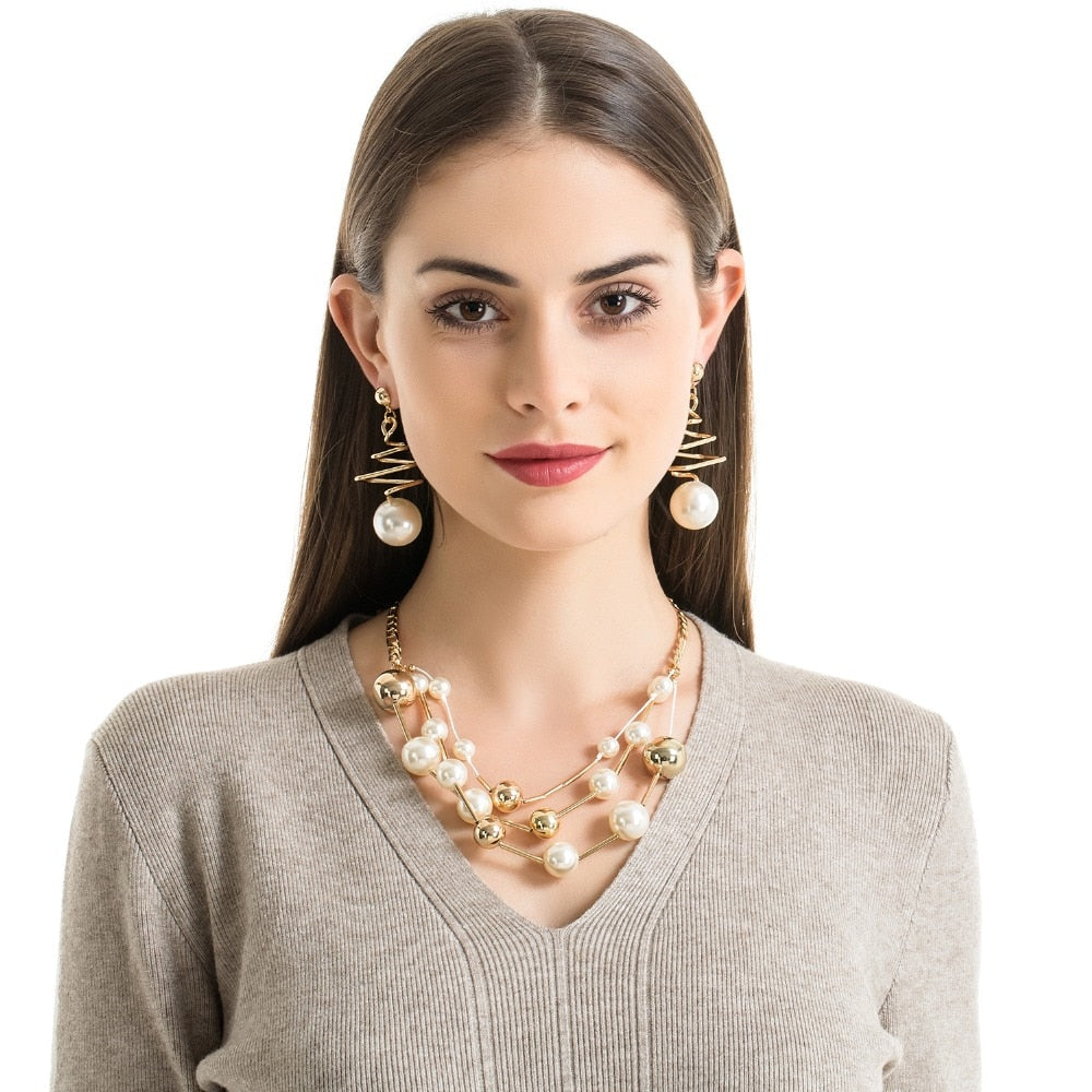 Multilayer Simulated-pearl CCB Beads Chokers Necklaces For Women Gold/Silver Color Metal Chain Choker Necklace Bijoux