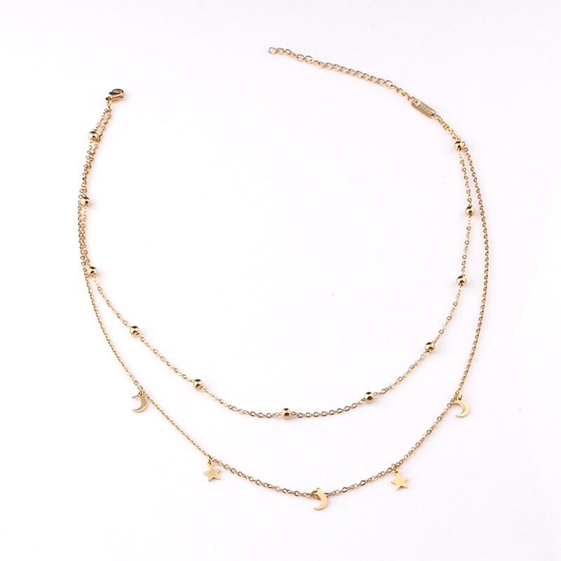 Multilayer Stainless Steel Endant Women Gold Silver Color Beads Moon Star Horn Crescent Double Chain Choker Layered Necklaces