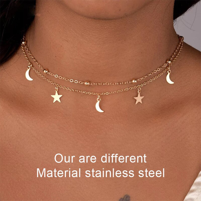 Multilayer Stainless Steel Endant Women Gold Silver Color Beads Moon Star Horn Crescent Double Chain Choker Layered Necklaces