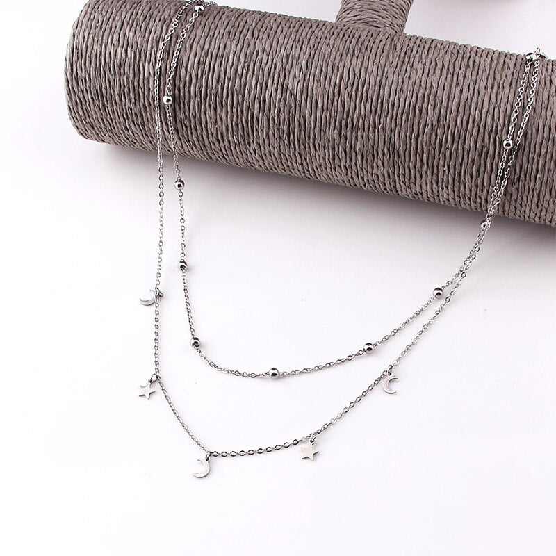 Multilayer Stainless Steel Endant Women Gold Silver Color Beads Moon Star Horn Crescent Double Chain Choker Layered Necklaces