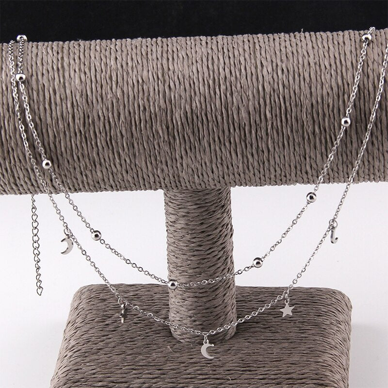 Multilayer Stainless Steel Endant Women Gold Silver Color Beads Moon Star Horn Crescent Double Chain Choker Layered Necklaces