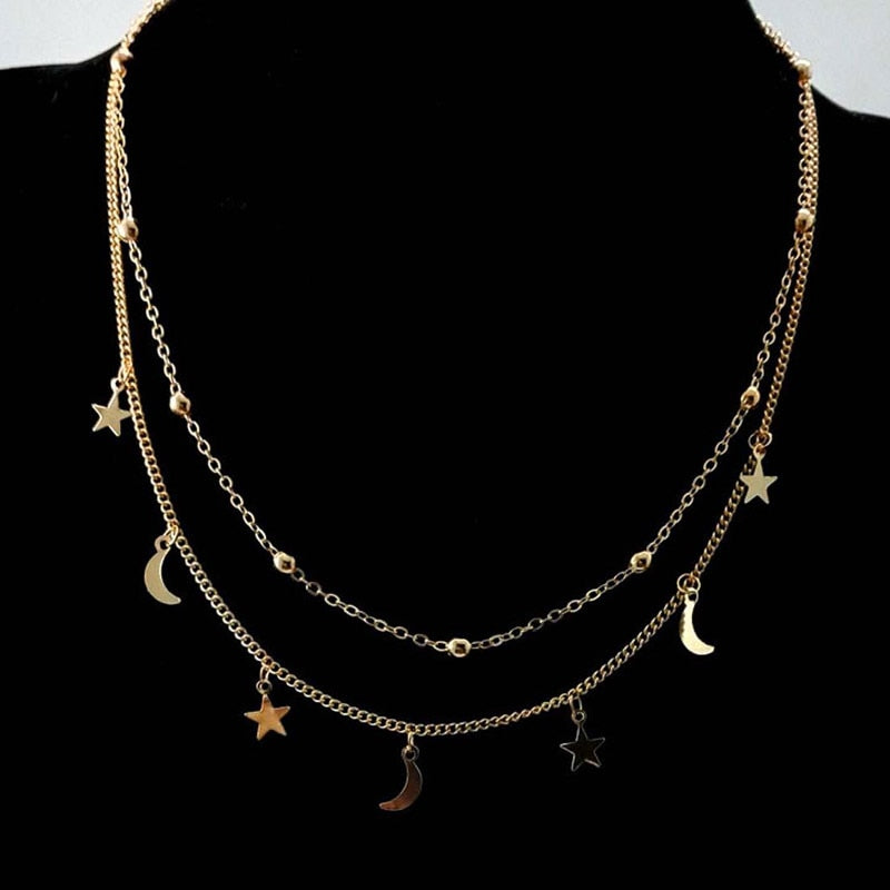 Multilayer Star Moon Necklace Women Charm Choker Short Chain Stainless Steel Double Clavicle Chain Jewelry For Girlfriends Gifts