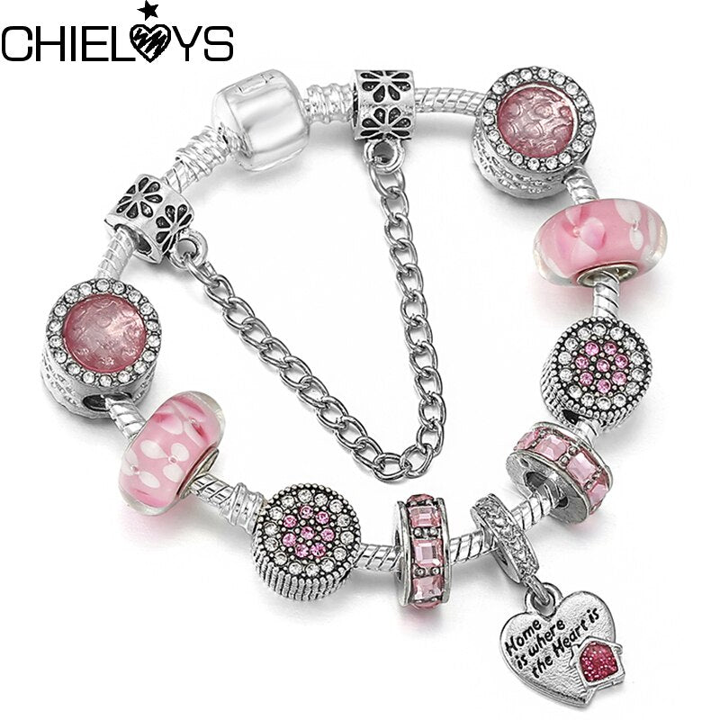 Murano Printed Crystal Glass Beads Charm Bracelet With Home is Where The Heart Pendant Bracelets For Women Pulseras Jewelry Gift