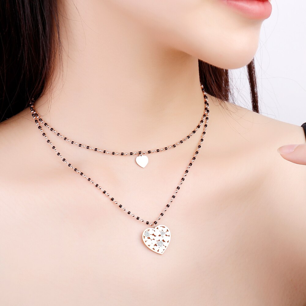 Mutiple Heart Stainless Steel Necklace Rose Gold Silvery Double Layer Black Beads Chain Love Pendant Necklaces for Women Jewelry