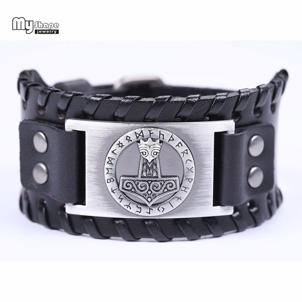 Braided Genuine Leather Bracelets Bangles Thor Hammer Holy Patron 24 Nordic Runes Amulet Wide Straps Snap Bracelet Men