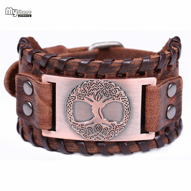 Tree of Life Vintage Wrap Leather Man Bracelets With Antique Bronze Metal Charm Viking Bracelet Jewelry
