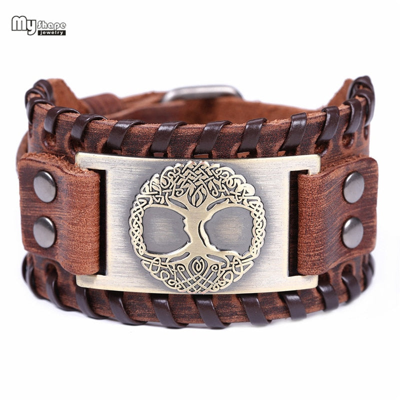 Tree of Life Vintage Wrap Leather Man Bracelets With Antique Bronze Metal Charm Viking Bracelet Jewelry