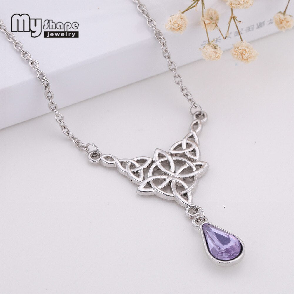 My Shape Triqueta Crystal Tear Drop Necklace Crystal Stone Charms Irish knot Wicca Chain Choker for Women Jewelry