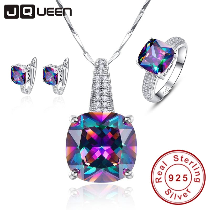Mystic Rainbow 100% 925 Stamp Sterling Silver Necklace Earrings Ring Set Wedding Anniversary Gifts Jewelry Sets for Women/wife