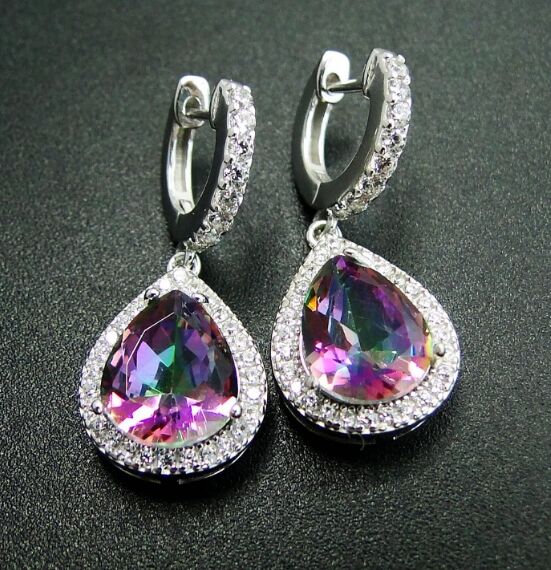 Mystic Topaz Colorful Stone Earrings Beautiful Woman Brinco Dangle Earrings Fashion 925 Sterling Silver Water Drop Earrings