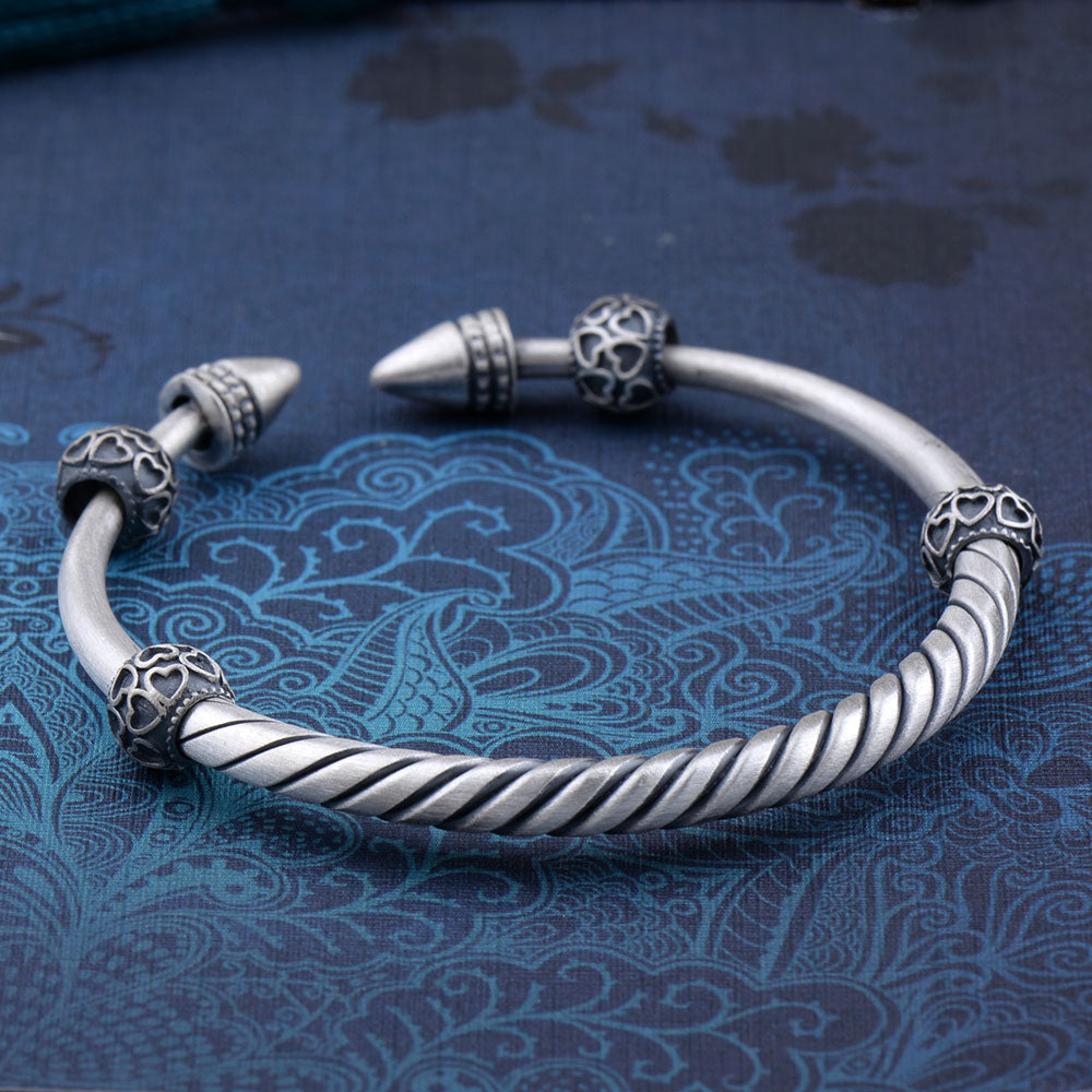 Real 925 Sterling Silver Vintage Ethnic Arrow Arrowhead Heart Twisted Bangle Bracelet Jewelry Gift for Woman Girl