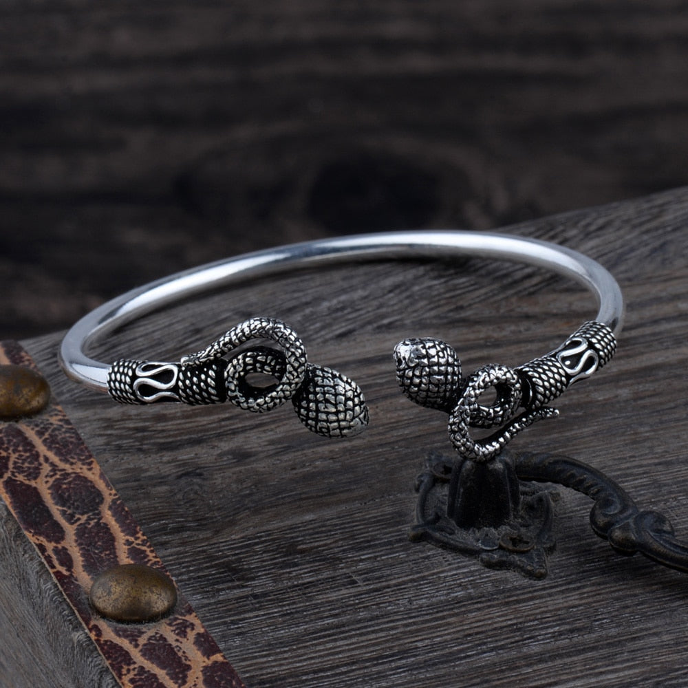 Real 925 Sterling Silver Vintage Ethnic Punk Snake Bangle Bracelet Jewelry Gift for Woman Girl