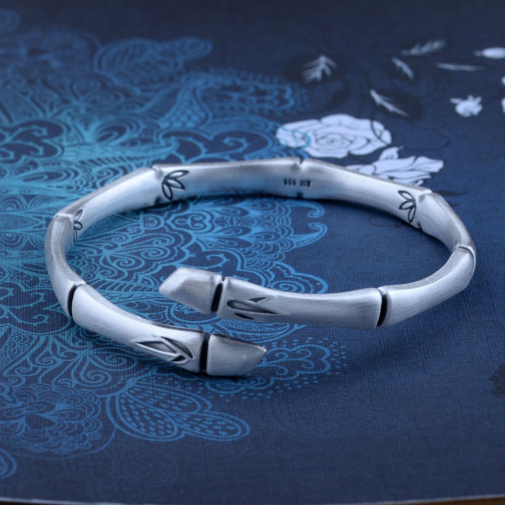 Real 999 Fine Silver Vintage Ethnic Chinoiserie Banboo Stem leaves Bangle Bracelet Jewelry Gift for Woman Girl