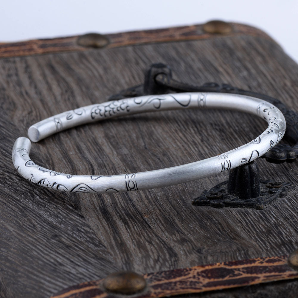 Real 999 Fine Silver Vintage Ethnic Chinoiserie Tribal Pattern Bangle Bracelet Jewelry Gift for Woman Girl