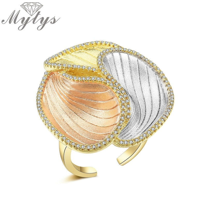 Charming Tricolor Gold Aqua Flower Ring for Women Luxury Jewelry Gift for Mother Antique Palace Fashion Design Jewel R2078