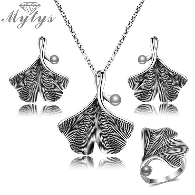 Retro Silver Grey Ginkgo Leaf Jewelry Sets Antique Thai Silver Necklace Earrings Ring Sets Hot Sale Fashion Women Jewelry