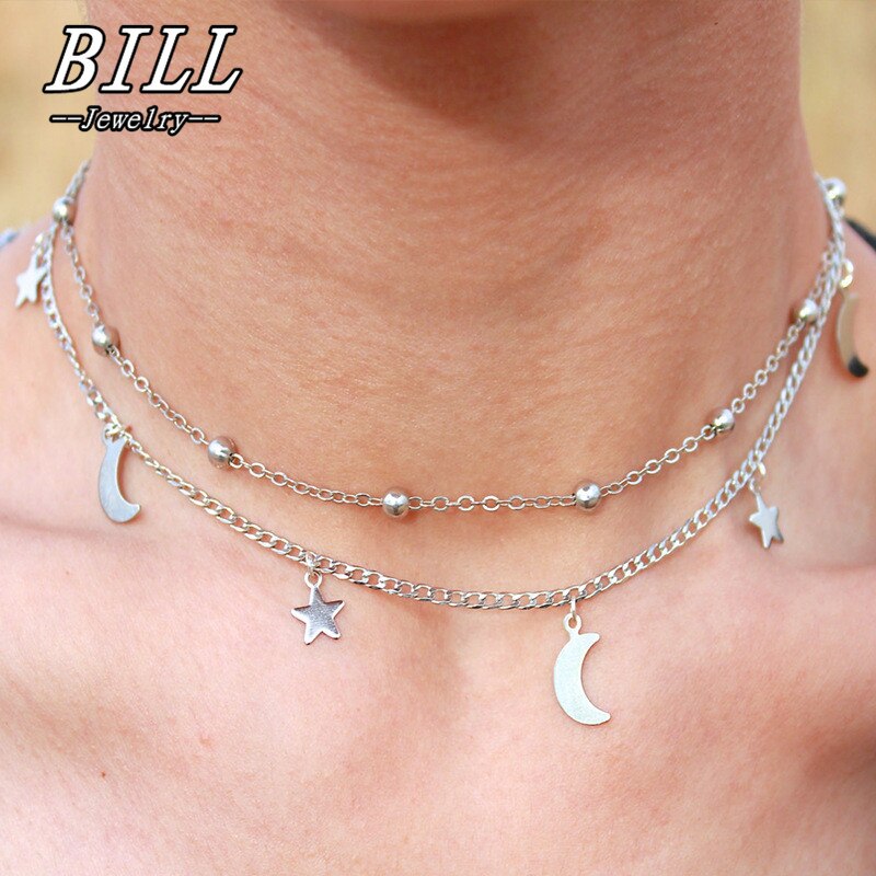 N256 Star & Moon Pendant Clavicle Necklace Double Layers Beads Minimalist Women Collares Summer Everyday Jewelry Bijoux