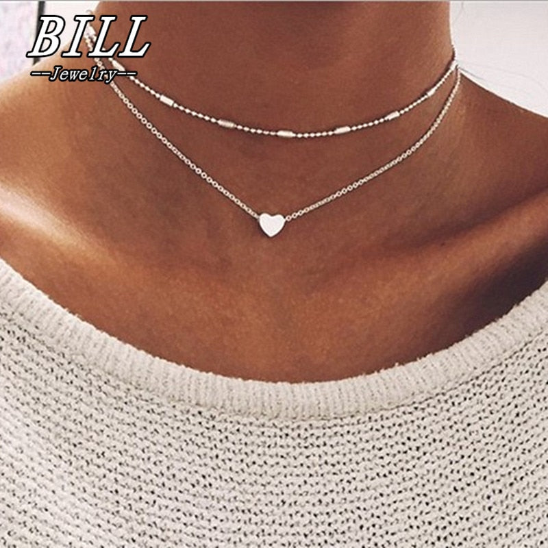 N277 Heart Pendant Choker Necklaces For Women Collares Minimalist Jewelry Double Layer Dainty Necklace Multilayer HOT Sale 2020