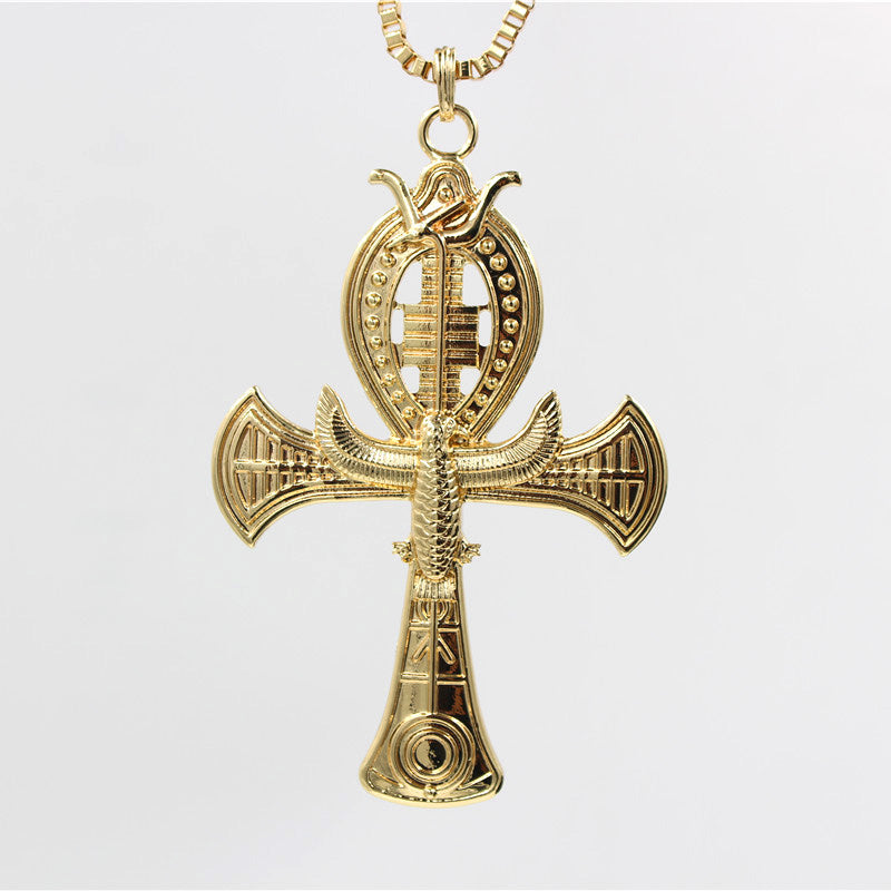 Fashion Single Delicate Egyptian Engraving Ankh Cross Pendant Necklace Men's Gold Color Punk Corss Chain Necklace Jewelry