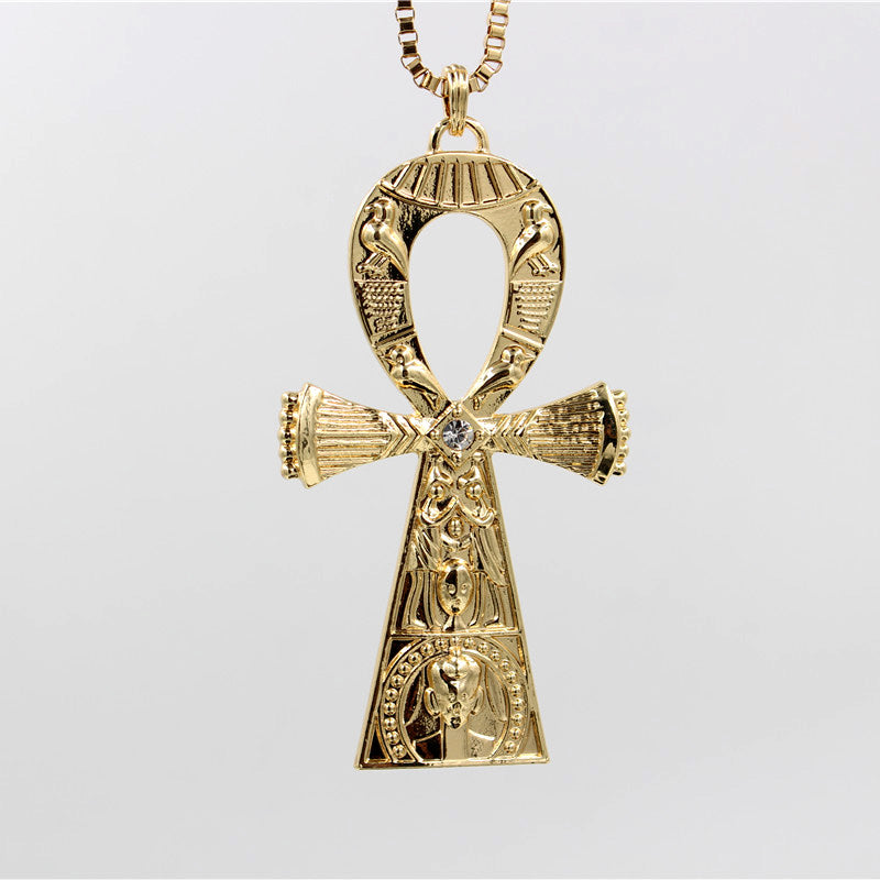 Fashion Single Delicate Egyptian Engraving Ankh Cross Pendant Necklace Men's Gold Color Punk Corss Chain Necklace Jewelry