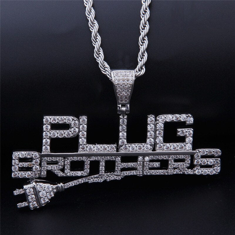 Creative Plug Pendant With Letters Brothers Pendant Pave Bling Clear Cubic Zircon Hip Hop  Iced Out Necklace Jewelry Gift