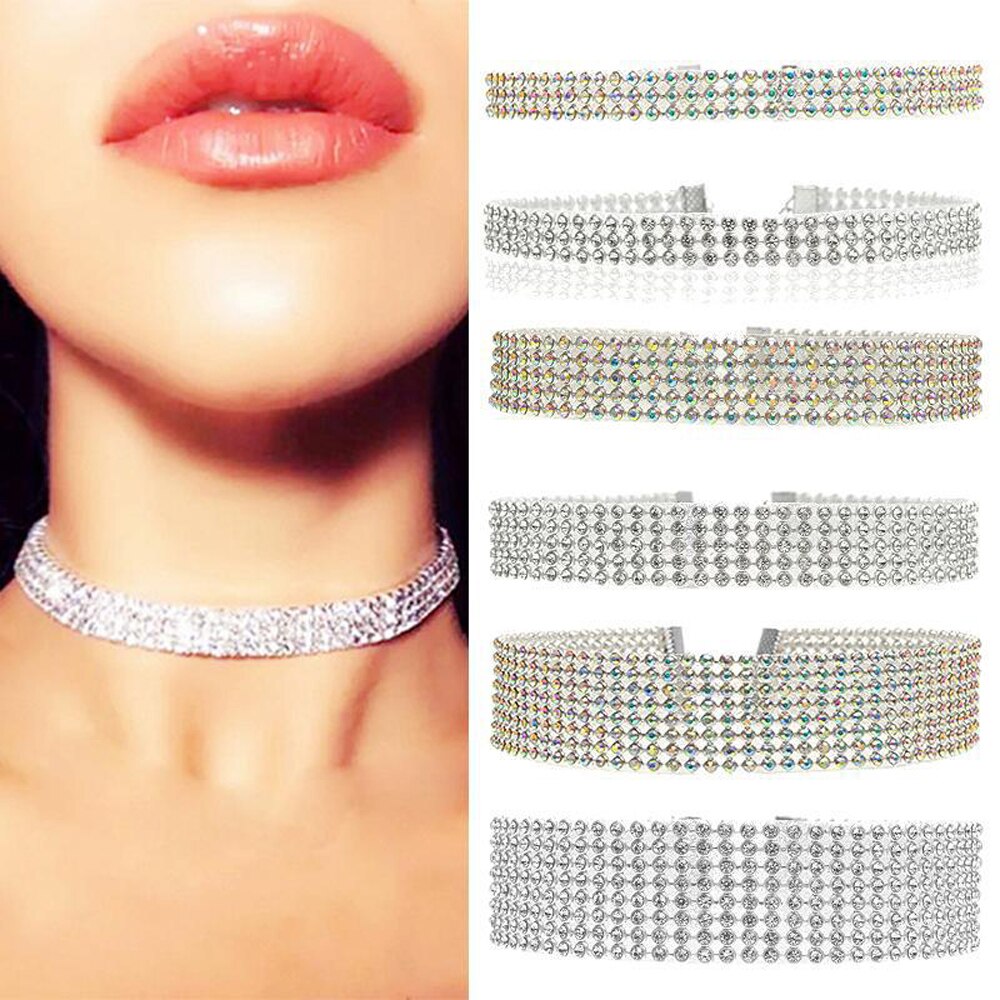 Crystal Rhinestone Choker Necklace Women Wedding Accessories Silver Color Chain Punk Gothic Chokers Jewelry Collier Femme
