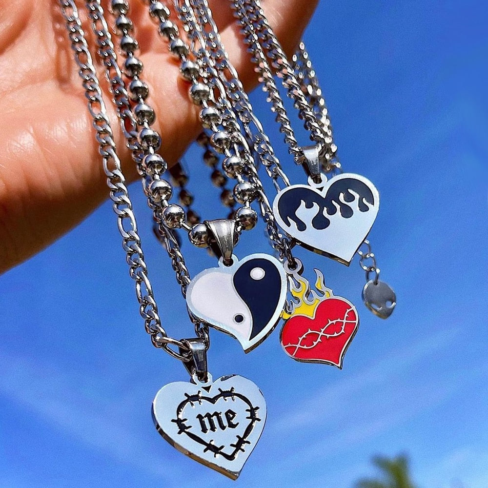 Harajuku Vintage Hip-hop Heart Necklace Stainless Steel Love Gossip Flame Necklaces For Women Men Jewelry Gift