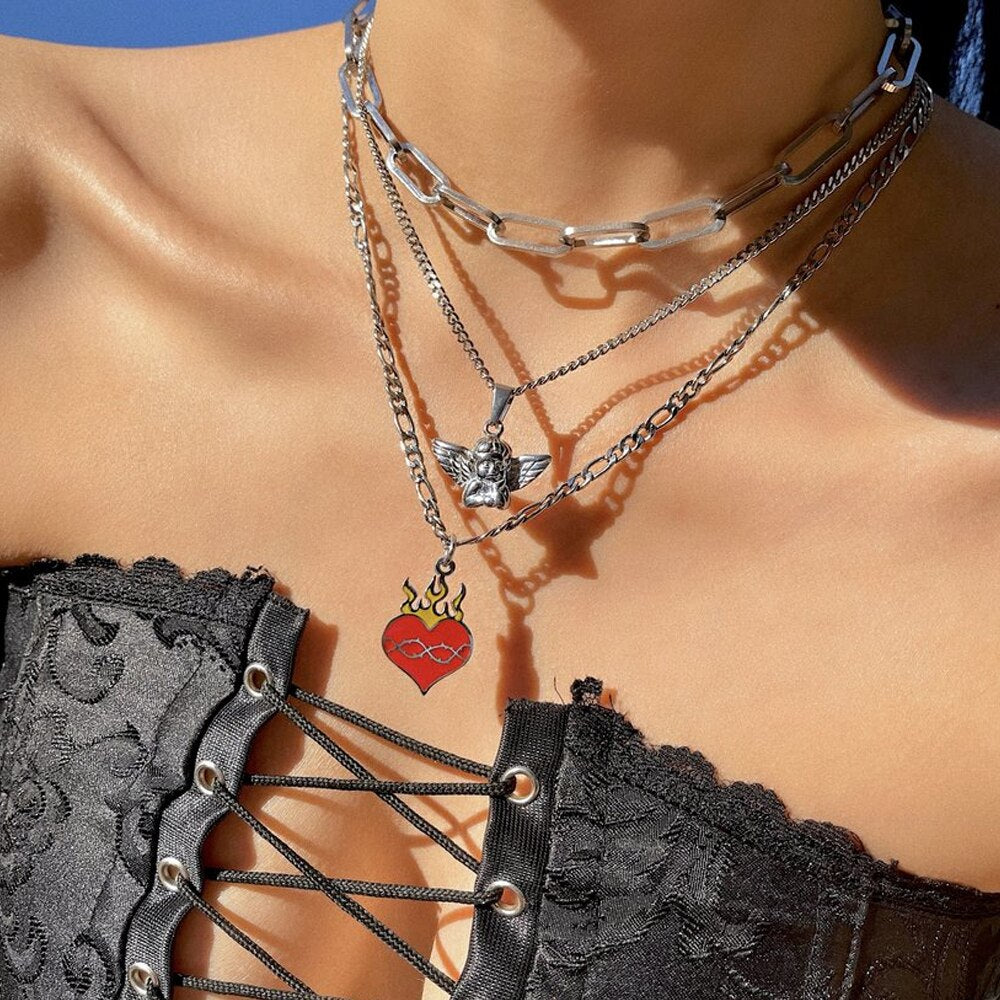 Harajuku Vintage Hip-hop Heart Necklace Stainless Steel Love Gossip Flame Necklaces For Women Men Jewelry Gift