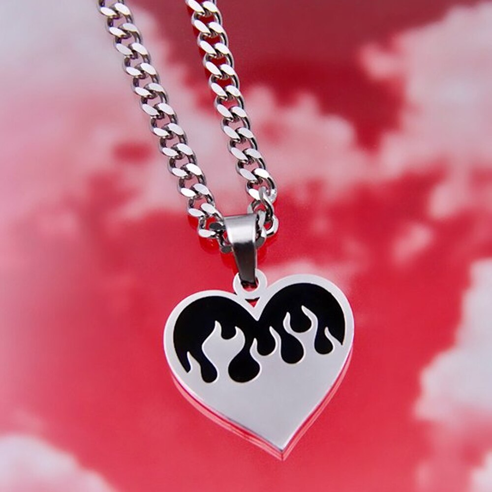 Harajuku Vintage Hip-hop Heart Necklace Stainless Steel Love Gossip Flame Necklaces For Women Men Jewelry Gift