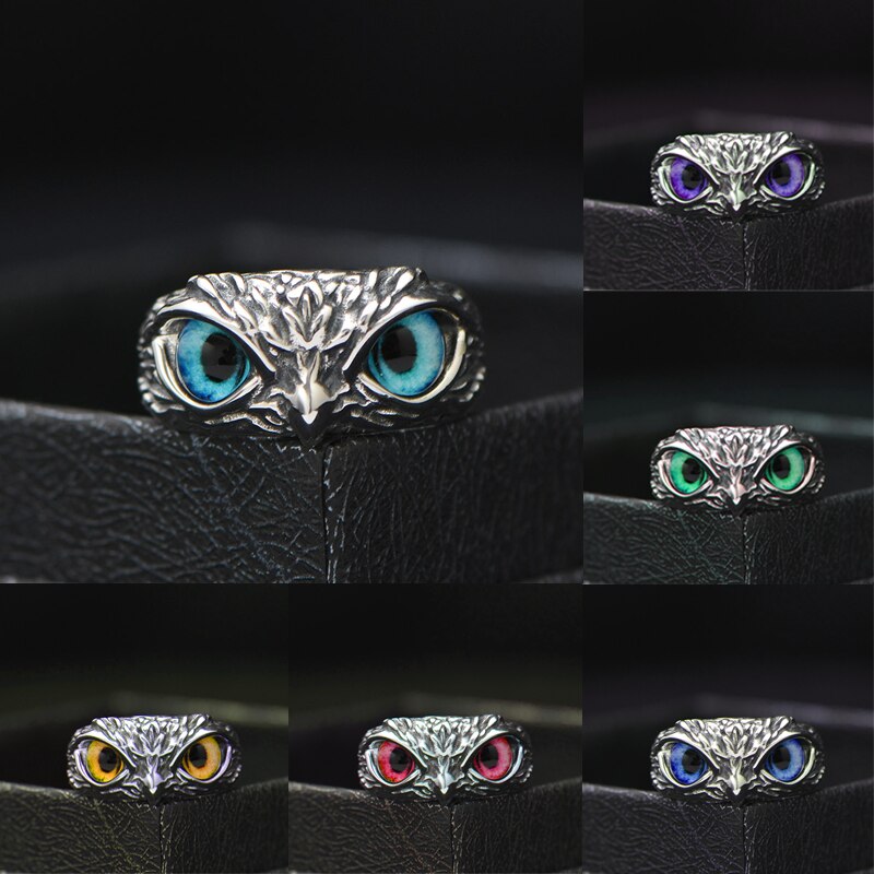 Retro Cute Simple Design Owl Ring Multicolor Eyes Silver Color Men Women Engagement Wedding Rings Jewelry Gifts Resizable