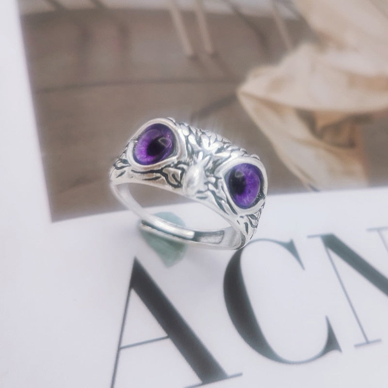 Retro Cute Simple Design Owl Ring Multicolor Eyes Silver Color Men Women Engagement Wedding Rings Jewelry Gifts Resizable