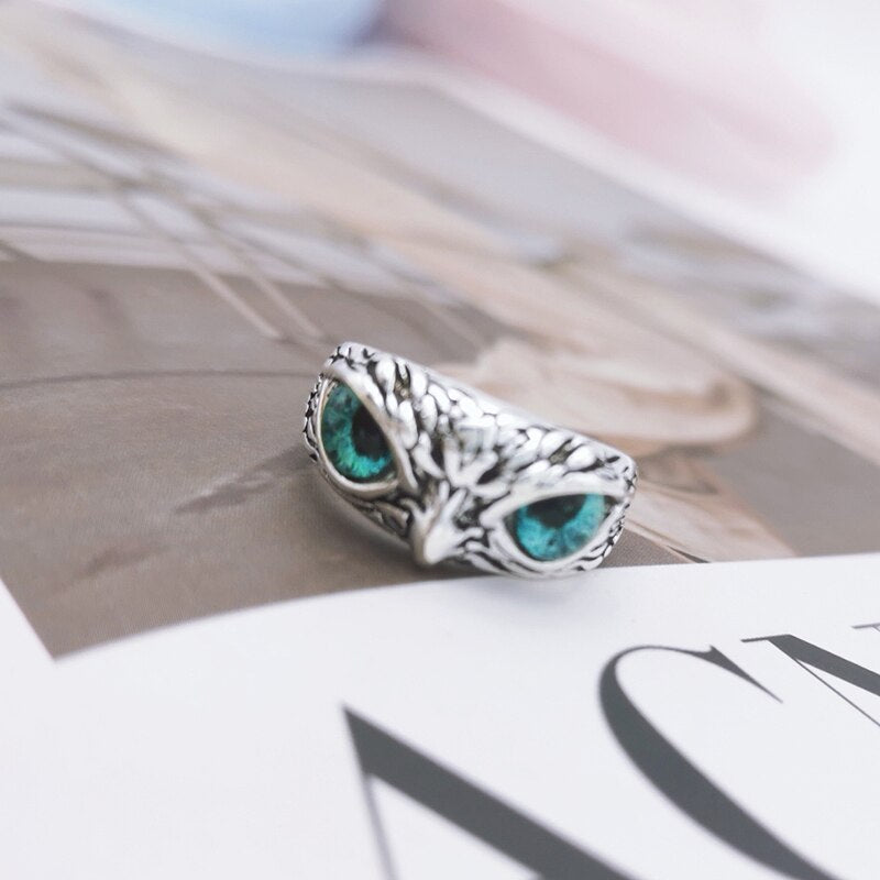 Retro Cute Simple Design Owl Ring Multicolor Eyes Silver Color Men Women Engagement Wedding Rings Jewelry Gifts Resizable