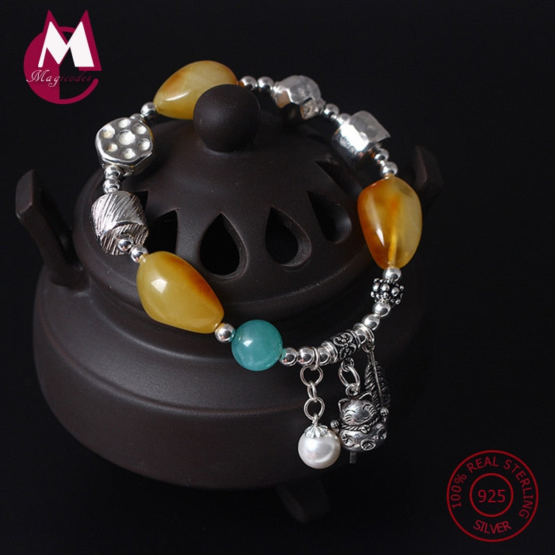 NEW S925 Sterling Silver Bracelet For Women Natural Amber DIY Beads Bracelets & Bangles Lucky Cat Tassel Feather Jewelry YB35
