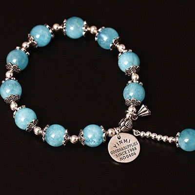 NEW S925 Sterling Silver Bracelet For Women Natural Aquamarine DIY Beads Bracelets & Bangles Handmade Tassel Lotus Jewelry YB34