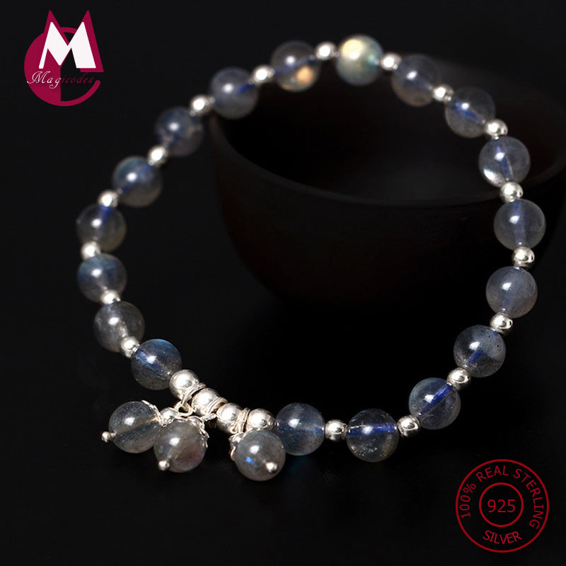 NEW S925 Sterling Silver Bracelet For Women Natural Moonstone Round Beads Women Bracelets & Bangles Ethnic Tassel Jewelry YB31