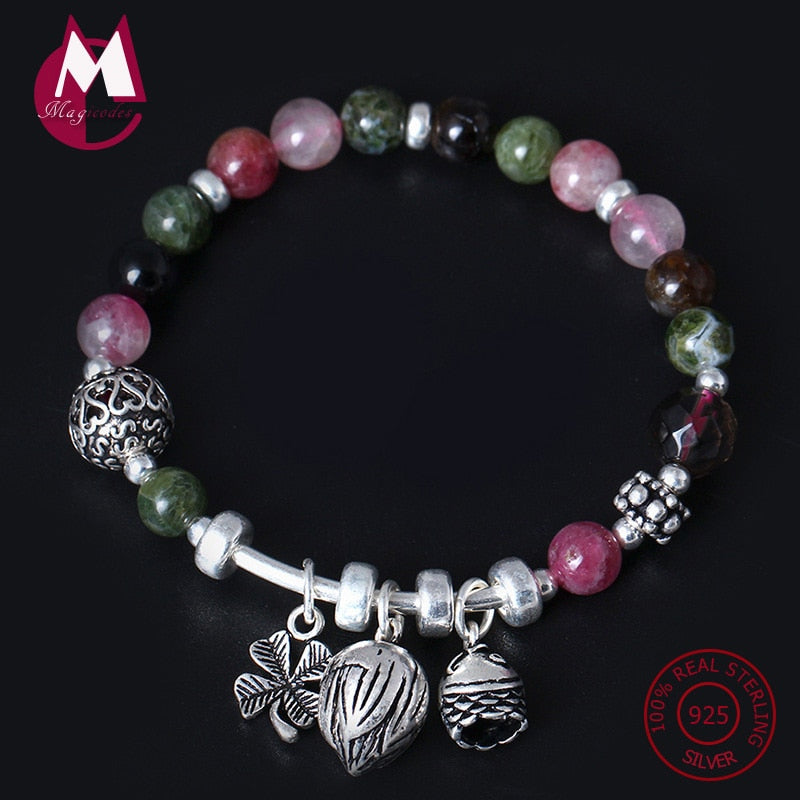 NEW S925 Sterling Silver Women's Bracelet & Bangle Natural Clover Charming Fish Round Beads Bracelet Wedding Fine Jewelry YB24