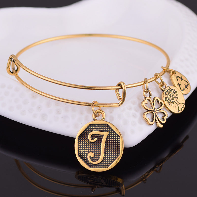 NEW STYLE American Expandable Bracelet Diameter Metallic Ancient Gold A-Z Initial Letter Charm Bracelet Adjustable Wire Bangle