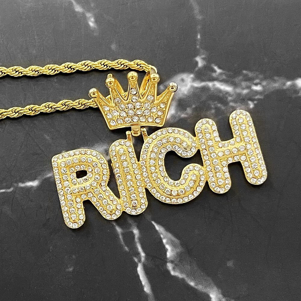 hip hop Letter Rich Pendant Necklace with rhinestone Two Tone Color Or Nothing Charm Necklaces Men Jewelry