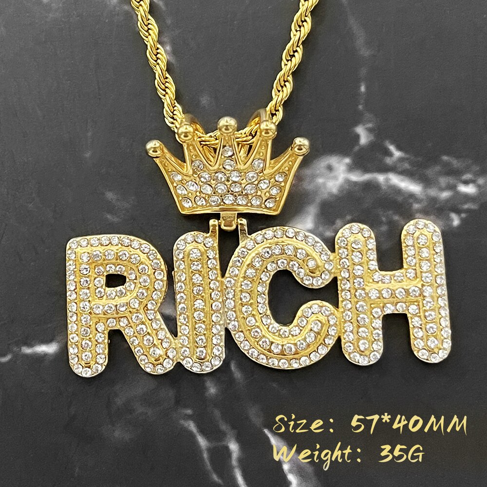 hip hop Letter Rich Pendant Necklace with rhinestone Two Tone Color Or Nothing Charm Necklaces Men Jewelry