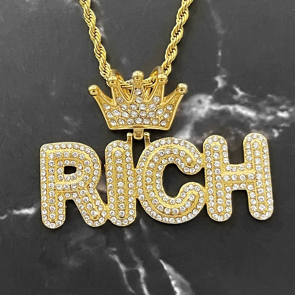 hip hop Letter Rich Pendant Necklace with rhinestone Two Tone Color Or Nothing Charm Necklaces Men Jewelry