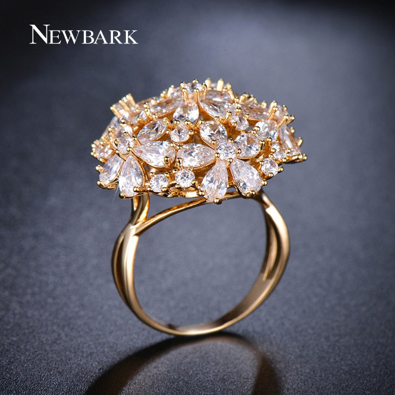Big Ring Exaggerated Flower Finger Rings Women CZ Jewelry Gold / Silver Color Party Gifts