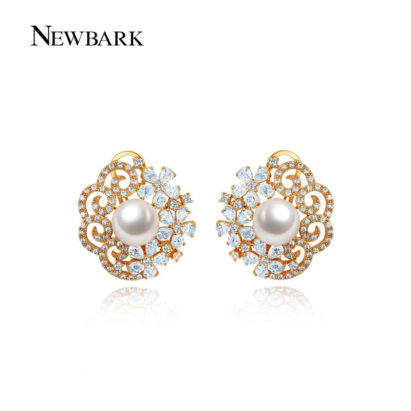 Big Simulated Pearl Stud Earrings Flower Rose Gold Color Hollow Earring Tiny CZ Jewelry For Women Brincos Gift