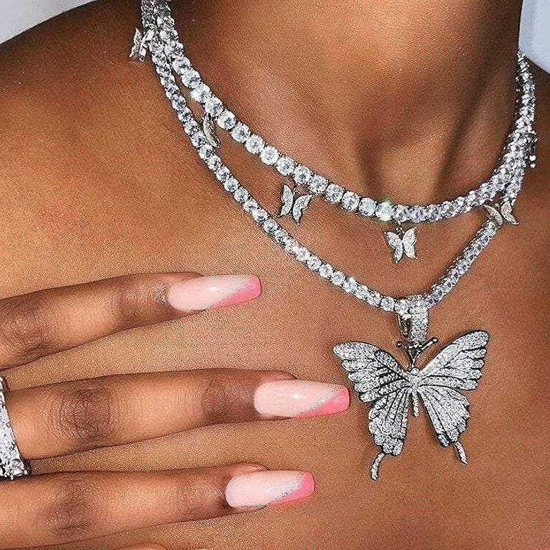 NIUYITID 2021 Bling Rhinestone Butterfly Necklace For Women Girl Jewelry Double Layer Tennis Chain Hip Hop